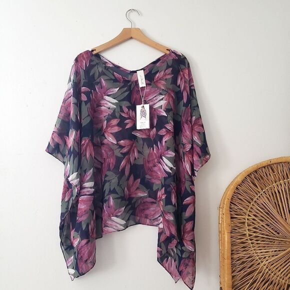 Simply Noelle Floral Chiffon Poncho NWT Black Green Pink - Picture 1 of 5
